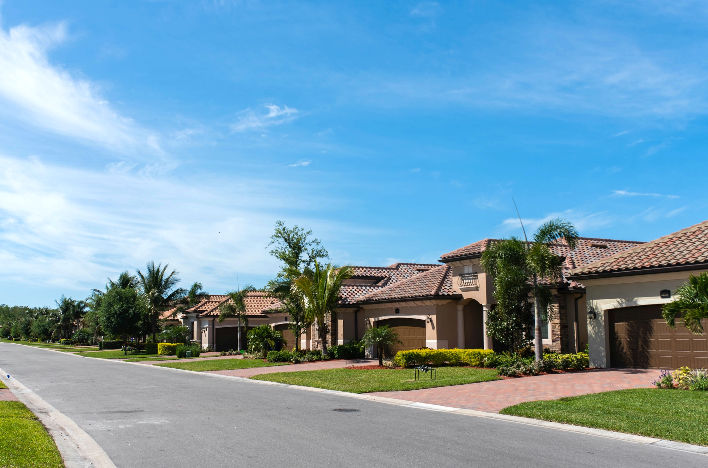 Modern single-family homes in a gated South Florida community with palm trees, landscaped streets, and luxury real estate for sale in Florida.